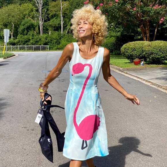 OOAK handpainted flamingo neoprene dress fit flare - Picture 2 of 10